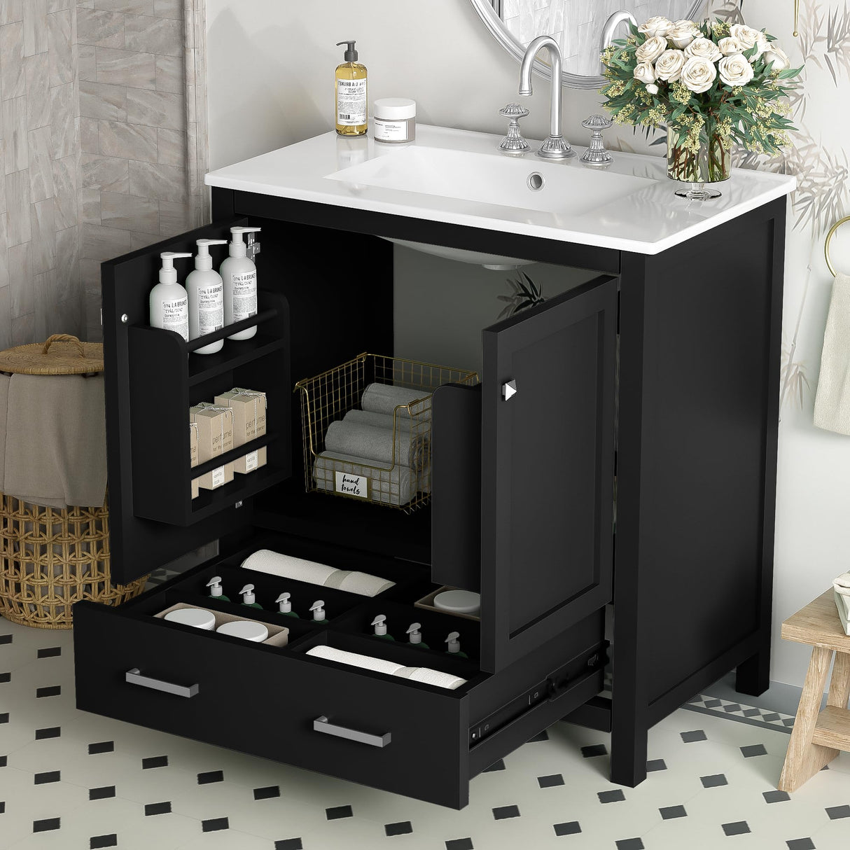 Mirightone 30 in Bathroom Vanity with Sink, Bathroom Vanity 30 Inch with Sink, 30 Vanity with Sink for Bathroom, 30" Restroom Sink Vanity with Cabint, Door Shelf and Drawer for Bathroom (Black) Mirightone