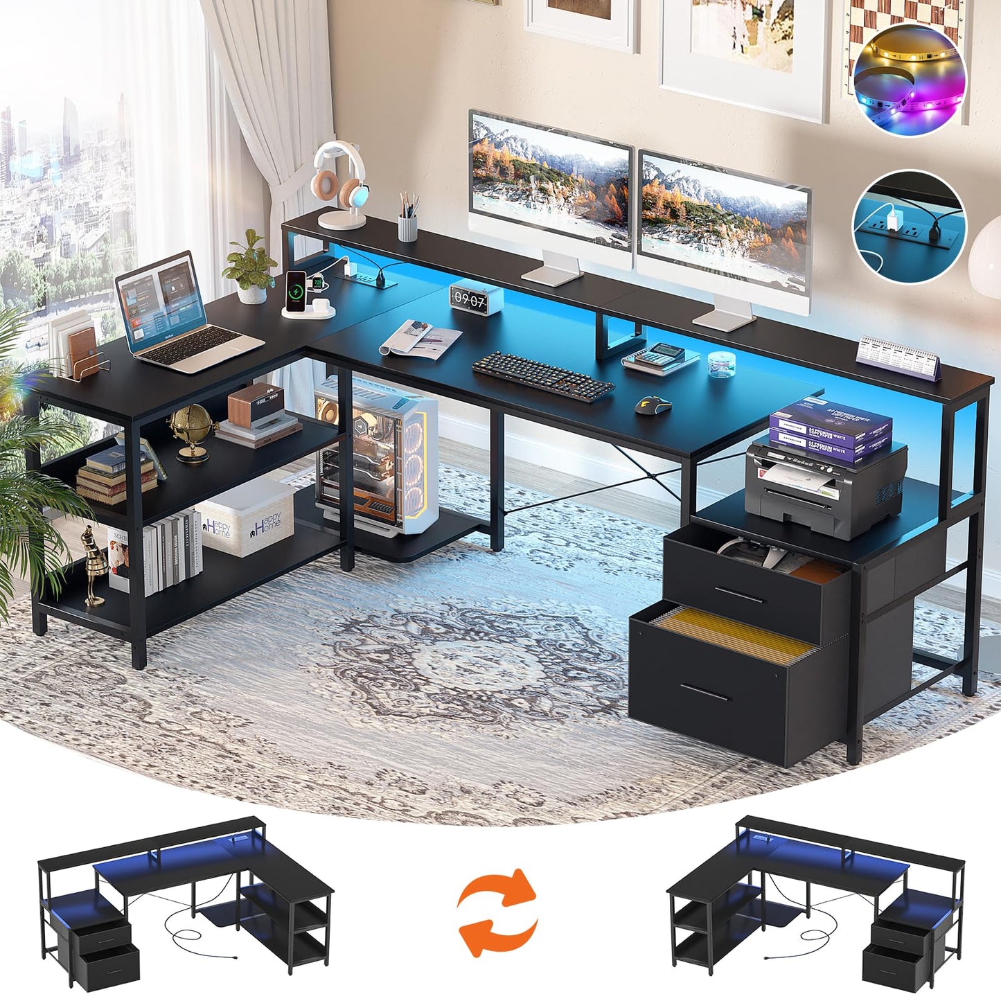 Aheaplus L Shaped Desk with File Drawer, 66" Reversible L Shaped Computer Desk with Power Outlet & LED Strip, Gaming Desk with Long Monitor Stand, Office Desk Corner Desk with Storage Shelf, Black