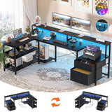 Aheaplus L Shaped Desk with File Drawer, 66" Reversible L Shaped Computer Desk with Power Outlet & LED Strip, Gaming Desk with Long Monitor Stand, Office Desk Corner Desk with Storage Shelf, Black Aheaplus