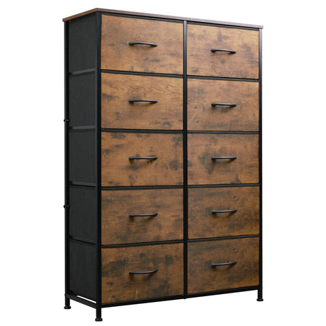 WLIVE Tall Dresser for Bedroom with 10 Fabric Drawers, Organizer Units for Closet, Storage Tower with Cabinet, Metal Frame, Rustic Brown Wood Grain Print Dressers WLIVE