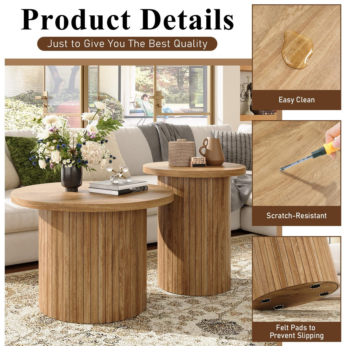 LUXOAK Nesting Coffee Table Set of 2, Mid Century Modern Round Coffee Table, Wood Slat Side Table Set for Living Room, Office, Balcony, Natural Finish LUXOAK