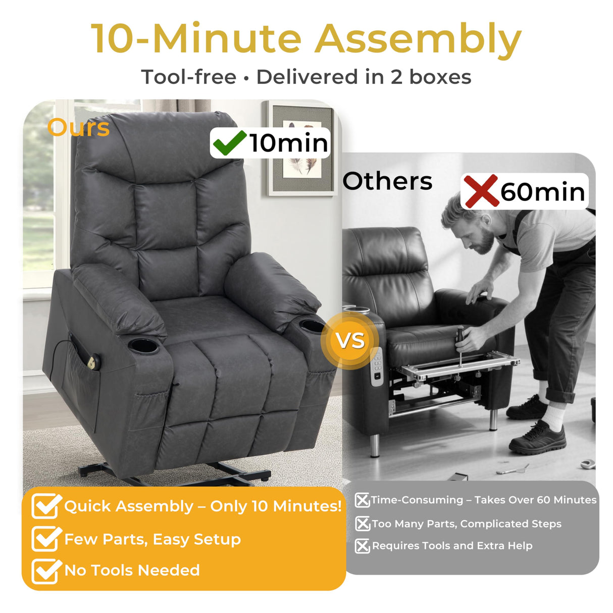VUOVUS Power Lift Recliner Chair for Elderly, Electric Recliner with Remote Control, Adjustable Footrest, PU Leather Living Room Recliner with Cup Holders and Side Pockets (Light Grey) VUOVUS