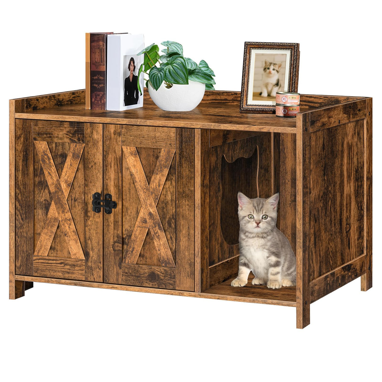MAHANCRIS Cat Litter Box Enclosure, Hidden Litter Box Furniture with Divider, Wooden Cat Washroom Storage Cabinet Bench, Indoor Cat House Side End Table Nightstand, Rustic Brown CWHR2501Z MAHANCRIS