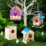 DoubleFill 12 Pcs Bulk Wooden Bird Houses Kits for Kids DIY Crafts and Arts Unfinished Wood Birdhouse to Paint Birthday Gifts for Girls Boys Crafts Class Parties, 4 Styles DoubleFill