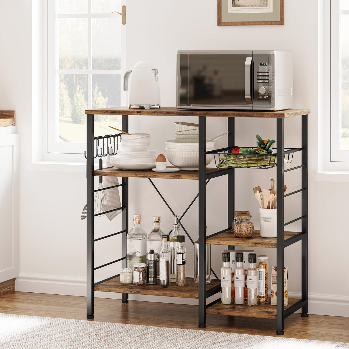 IRONCK Industrial Kitchen Baker’s Rack, Kitchen Island Utility Storage Shelf, Coffee Bar Microwave Stand with 6 Hooks, Metal Frame, Simple Assembly, Vintage Brown IRONCK