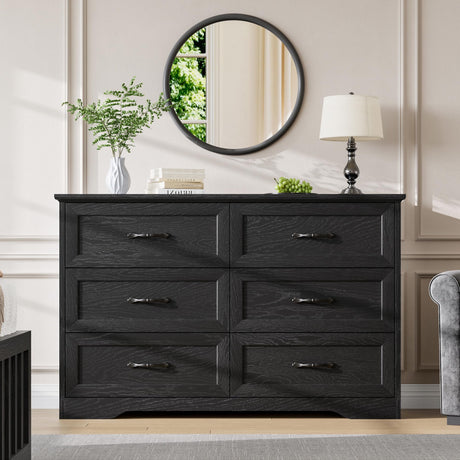 GarveeHome 6 Drawers Dresser for Bedroom, Chest of Drawers with Wide Metal Handle, Farmhouse Modern Wooden Dresser, Natural Texture, Storage Organizer for Bedroom, Living Room, Kids Room(Black) GarveeHome