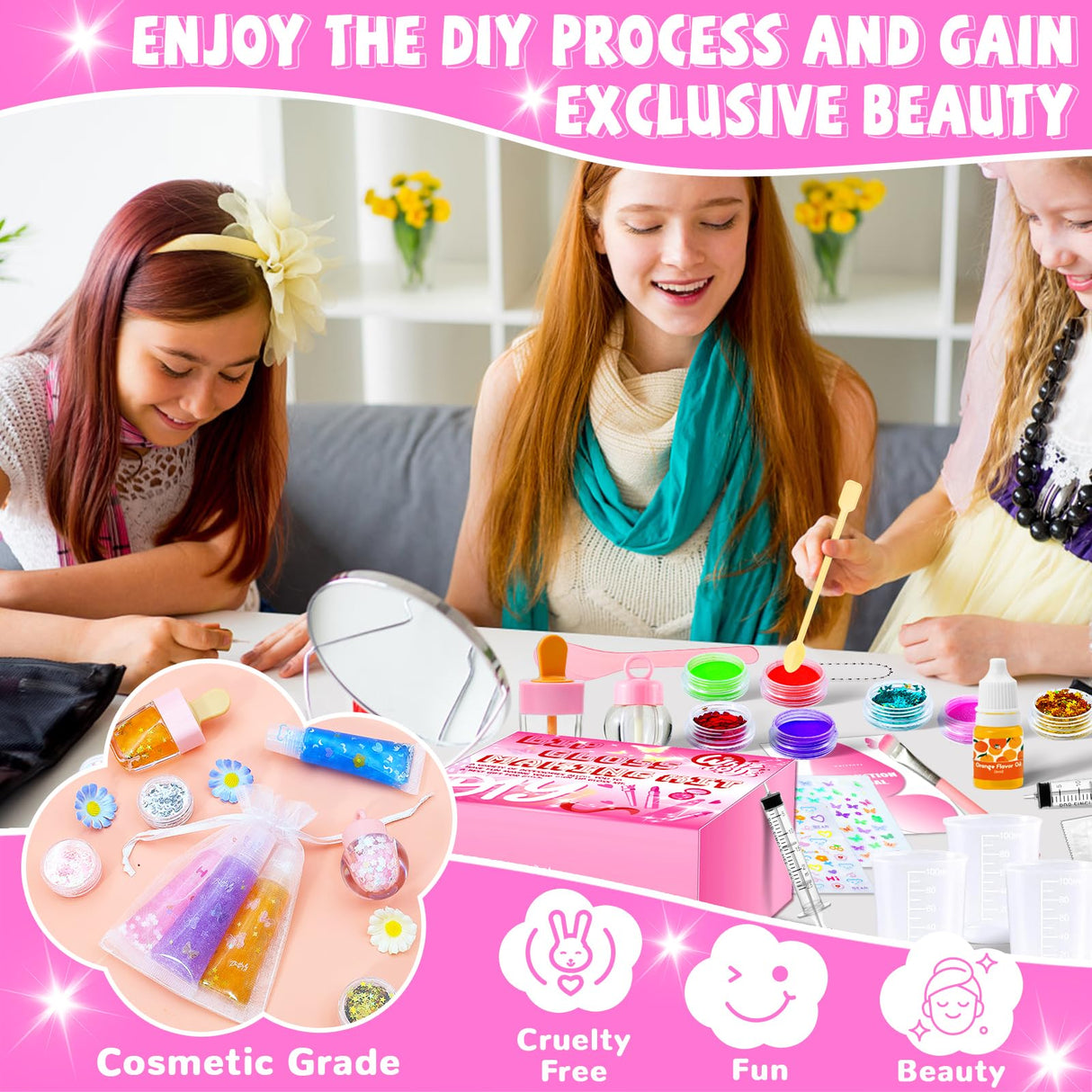 WhizToys DIY Lip Gloss Making Kit 74 PCS, Pink Kids Lip Gloss Supplies Set Beginner, Fun Craft Set Moisturizing Base, Birthday Gift Set for Girls, Kids, Teenagers, Women WhizToys