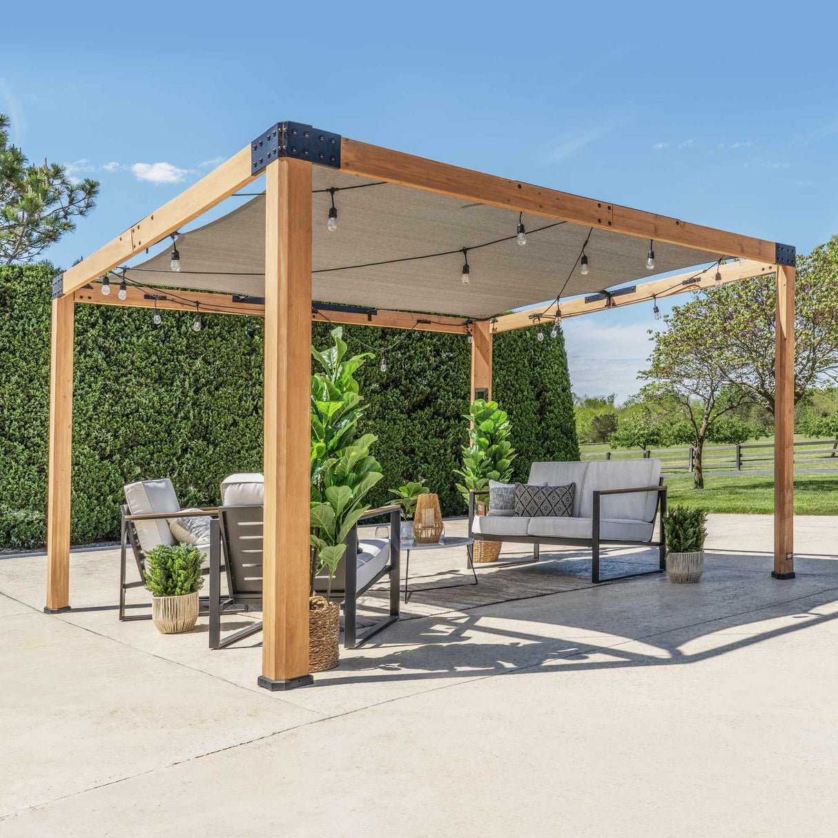 Backyard Discovery Brendan 12' x 10' Modern Cedar Wood Pergola Kit with Heavy-Duty Sun Shade Sail Screen Canopy, PowerPort, High-Wind Rating for Outdoor Patio, Garden, Deck, and Entertaining Backyard Discovery