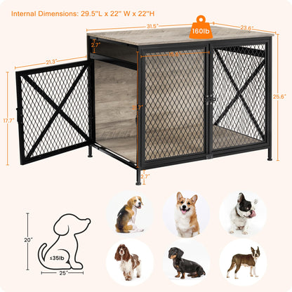 DWANTON Dog Crate Furniture, 31.5" L Three-Door Wooden Dog Kennel Indoor, Connectable expansion, Wooden Dog Crate Table for Small/Medium/Large Dog, Dog House, Dog Cage Large, Greige - WoodArtSupply