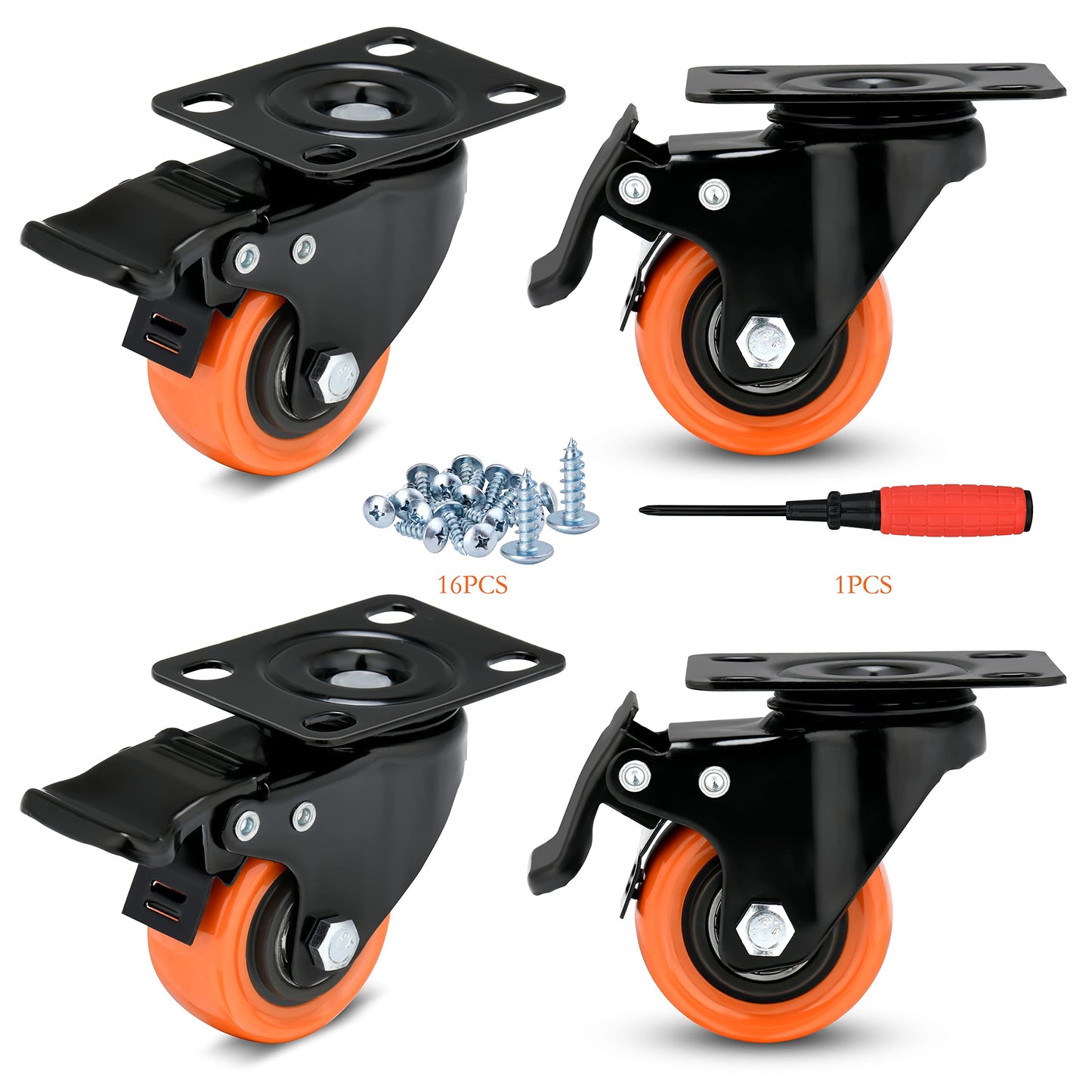 2" Caster Wheels Load 600 Lbs, Orange Polyurethane Castors, Top Plate Swivel Wheels, Casters Set of 4, Locking Casters for Furniture and Workbench, Heavy Duty Casters, 4 Pack Casters with Brake