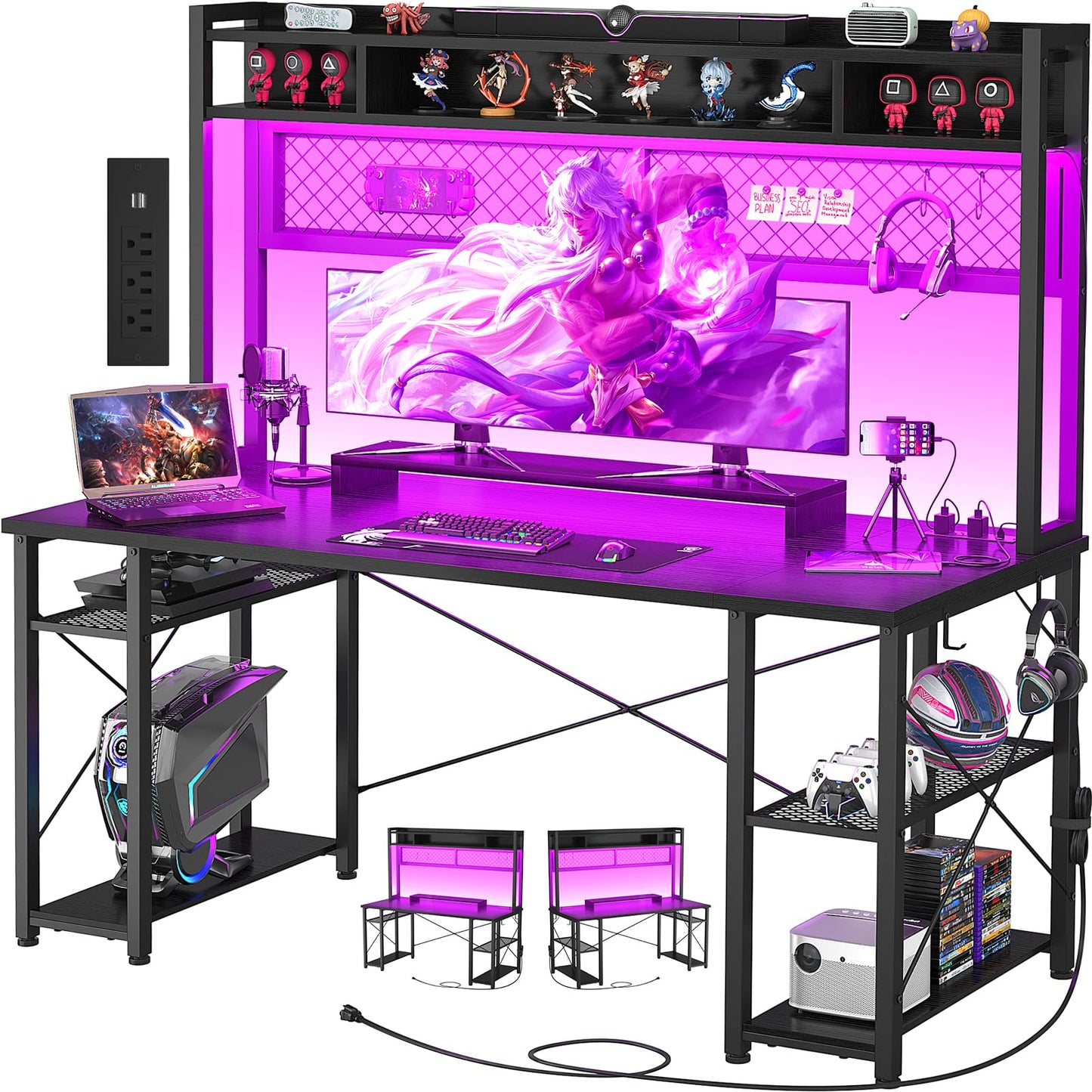 iSunirm Gaming Desk with Hutch - 55 Inch Computer Desk with LED Lights & Power Outlet, Home Office Writing Desk with Storage Shelf and Monitor Stand, Black - WoodArtSupply