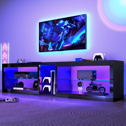 81in Long LED TV Stands W/Power Outlet for 70 80 85 90Inch TV,Black Entertainment Center W/70000-Colors Lights,High Gloss LED TV Console w/Adjustable Glass Shelves for Living Room Gameroom