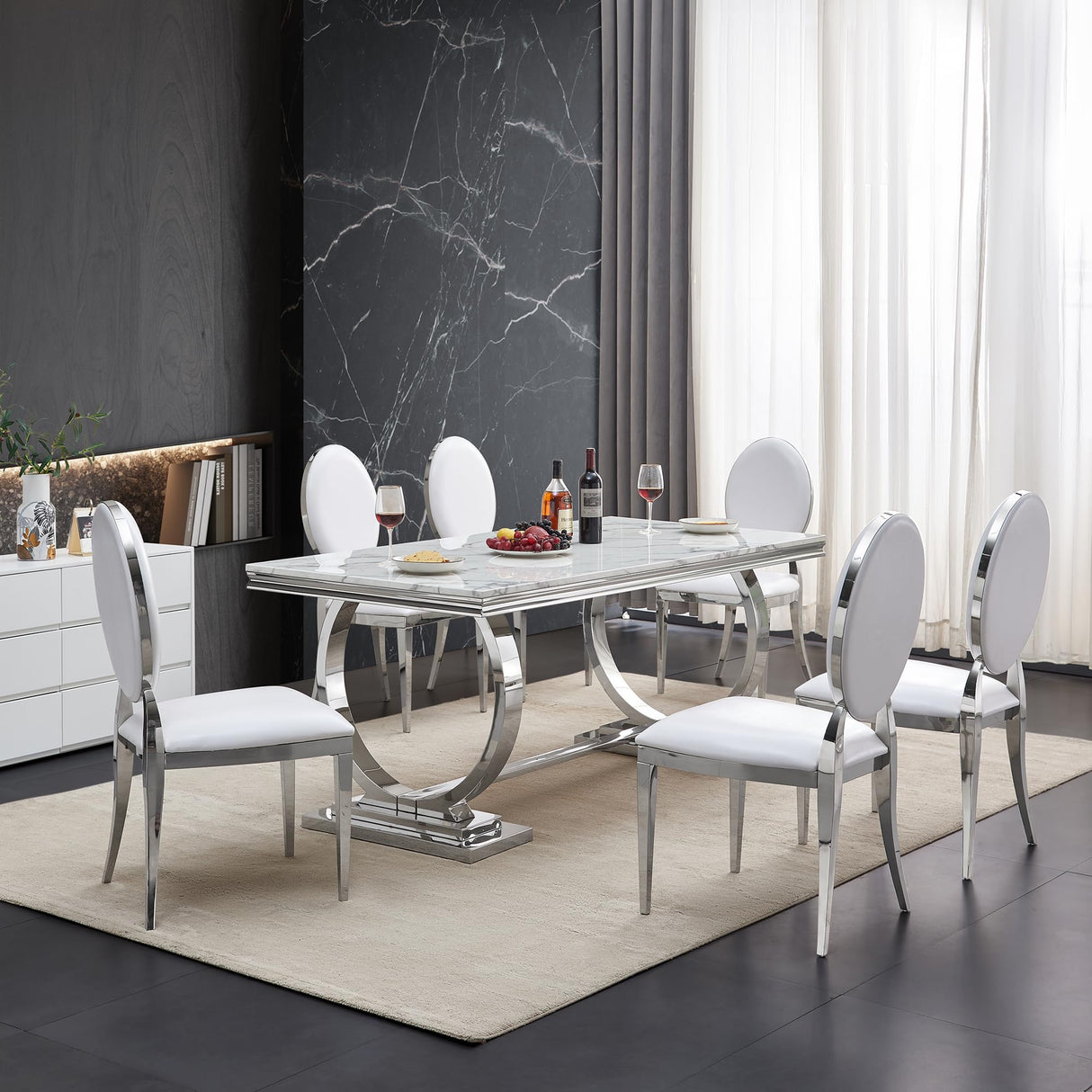 70'' Marble Dining Table for 8 People, Rectangle Faux Marble Dining Table with Silver Mirrored Finish Stainless Steel Base, Modern Marble Kitchen Table for Living Room Home Office AF ARTISAN FURNITURE