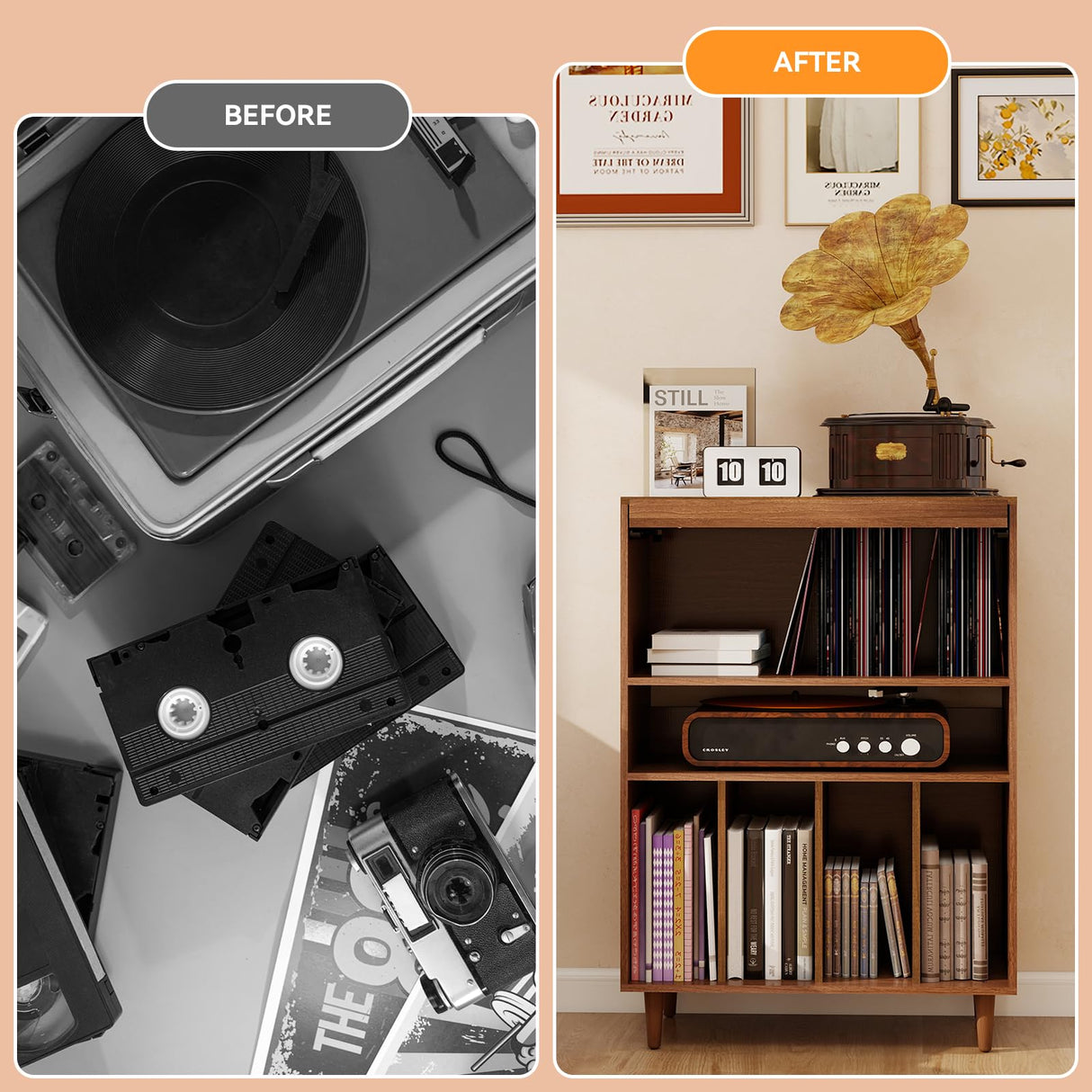 ELECWISH Record Player Stand with Vinyl Storage, Flip Top Media Cabinet, Audio-Video Stereo Cabinet，Mid-Century Turntable Table with Open Storage for Living Room, Bedroom, Walnut ELECWISH