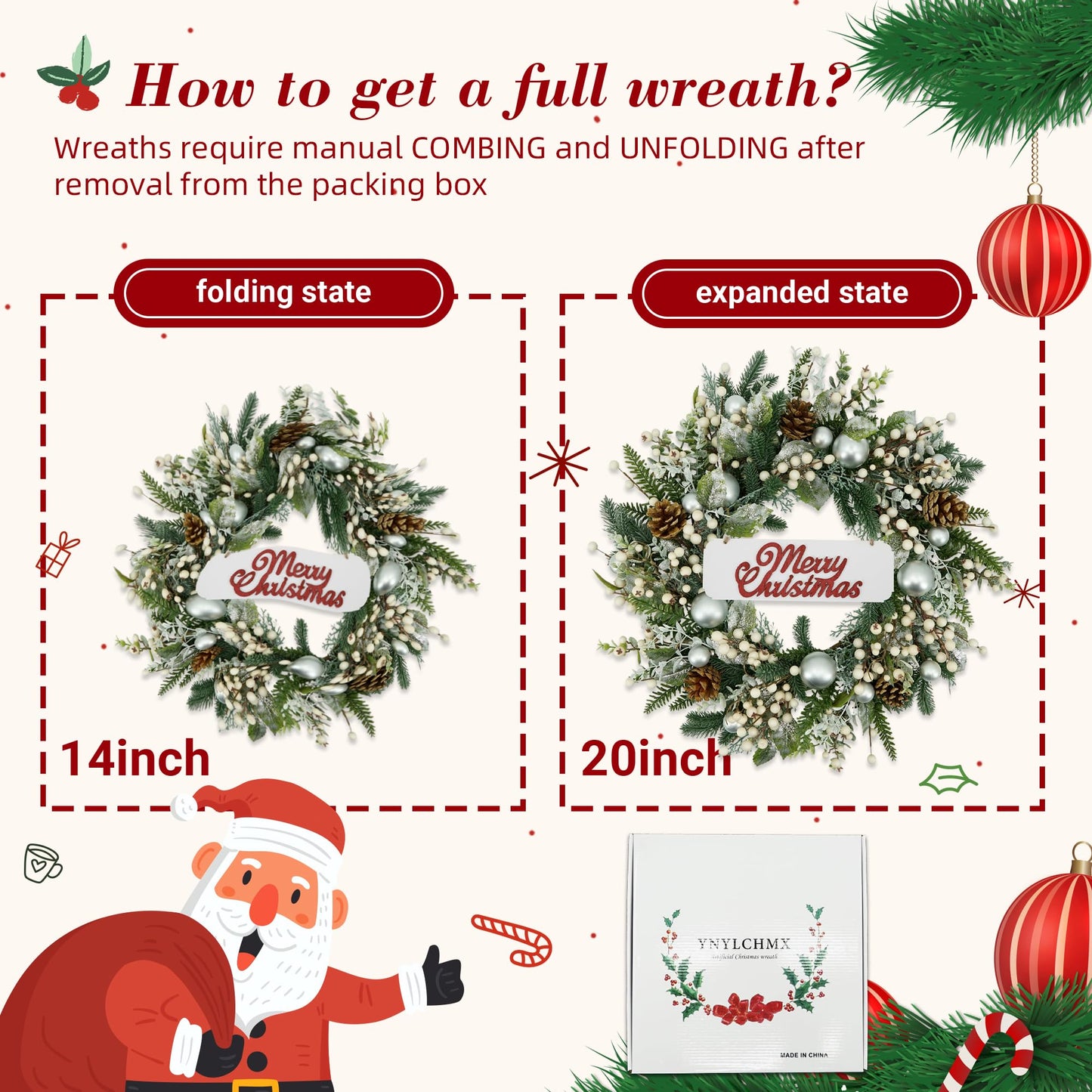 YNYLCHMX 20 Inch Christmas Wreath for Front Door, Winter Wreath with Welcome Sign Pine Needle Pine Cone Berry Artificial Door Xmas Wreaths for Window Wall Fireplace Farmhouse Holiday Party Decoration