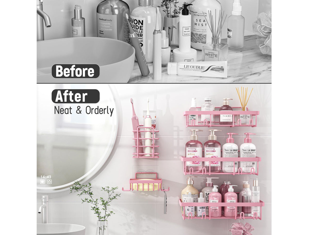 Liuoud 5 Pack Shower Caddy Organizer Rack Shelf for Inside Shower, Adhesive Bathroom Wall Storage Basket Rustproof Stainless Steel Shampoo Holder, Girly Bathroom Accessory Decor Set, Pink Liuoud