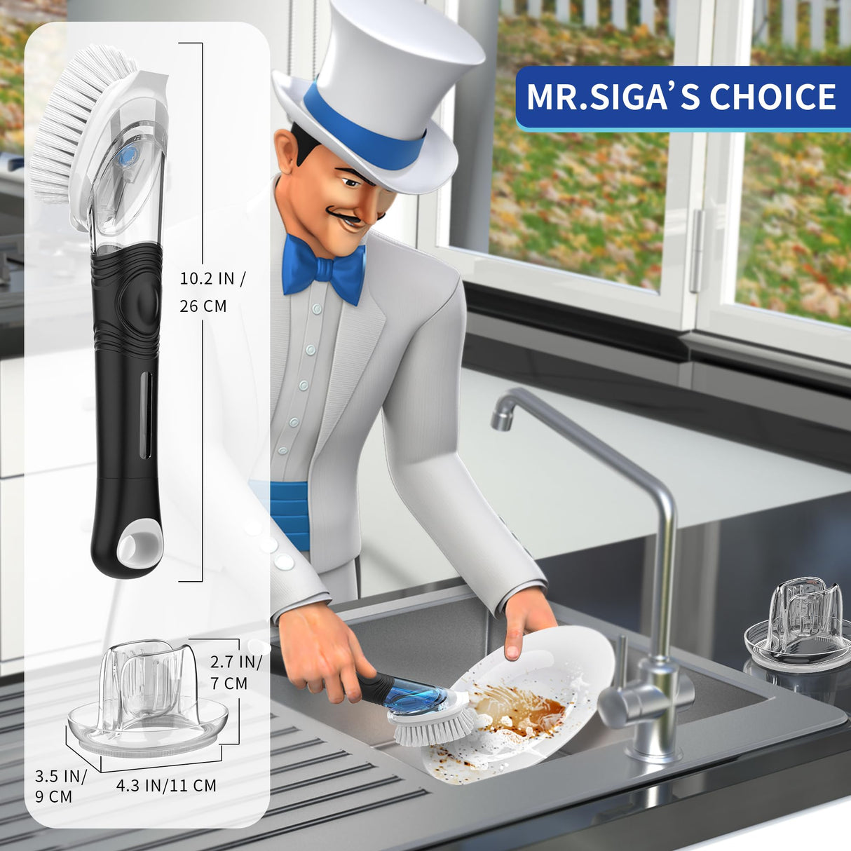 MR.SIGA Soap Dispensing Dish Brush Storage Set, Kitchen Brush with Holder for Pot Pan Sink Cleaning MR.SIGA