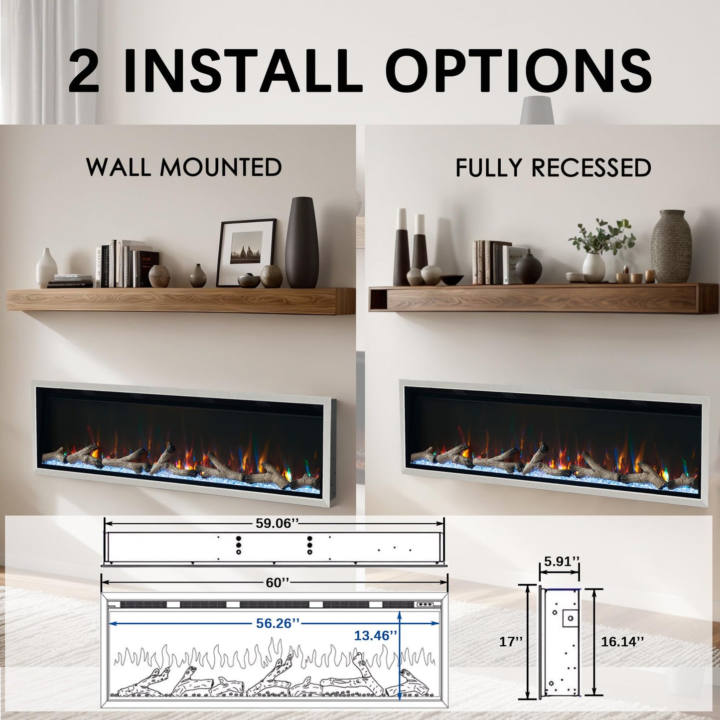 Unineo 60 Inch Electric Fireplace w/Aluminum Frame, Hidden Air Vents Design, Recessed and Wall Mounted Fireplace Heater w/Thermostat, 12×13×5 Realistic Flame, Visual Remote, Log and Crystal, Siliver