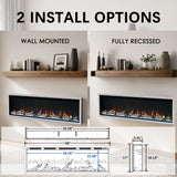 Unineo 60 Inch Electric Fireplace w/Aluminum Frame, Hidden Air Vents Design, Recessed and Wall Mounted Fireplace Heater w/Thermostat, 12×13×5 Realistic Flame, Visual Remote, Log and Crystal, Siliver Unineo
