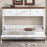 SOFTSEA Twin Size Horizontal Murphy Bed with Storage Drawers, Foldable Wall Bed with Walnut Top, Twin Hideaway Cabinet Bed Space-Saving for Guest Room Bedroom Office, White SOFTSEA