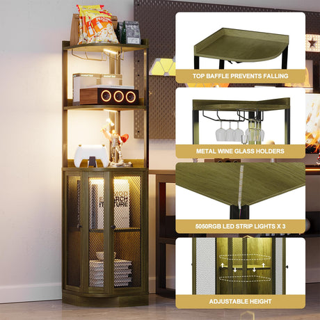EOYUTLLY Corner Bar Cabinet with Power Outlet and LED Strip, 5-Tier Corner Liquor Wine Display Cabinet for Home, Storage Solution, for Living Room, Kitchen, Home, Gray EOYUTLLY