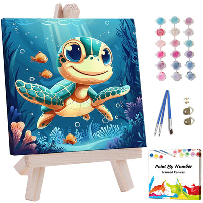 Artunion Framed Paint by Numbers Kit for Adults Beginners & Kids Ages 8-12,Cartoon Turtle Paint by Number with Frame,Ocean Paint by Numbers Kit on Canvas 10 * 10 Inch Without Easel