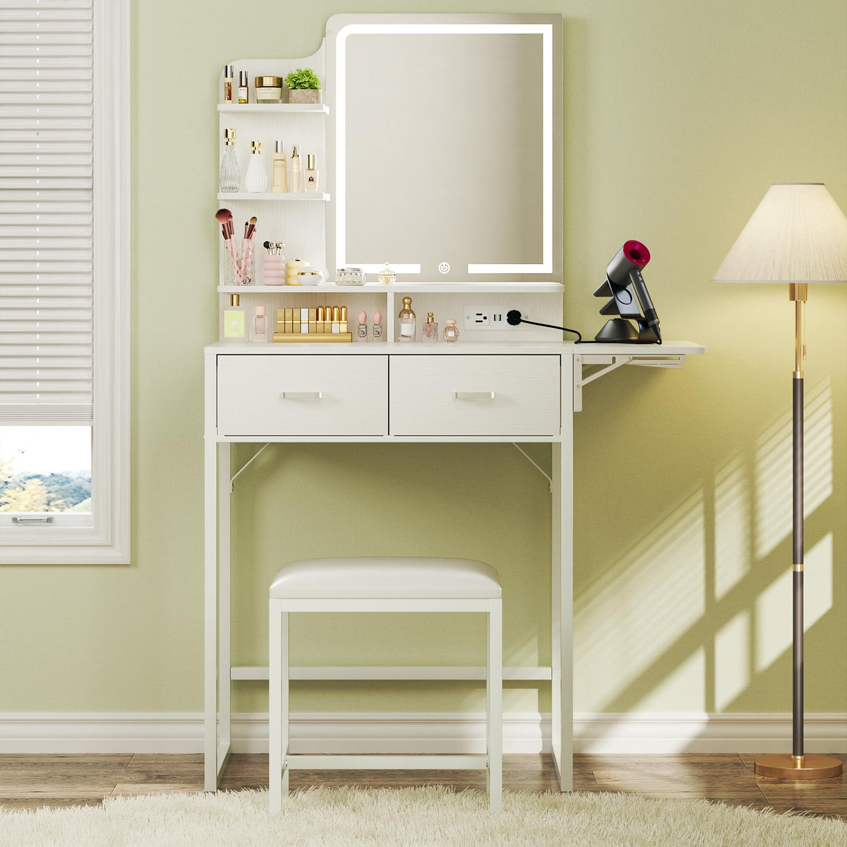 HUAHUU Small Vanity Desk with Mirror and Lights, Makeup Vanity with Fabric Storage Drawer, Chair and Three Shelves, White Vanity with Power Outlet and Fold-up Panel, Bedroom HUAHUU