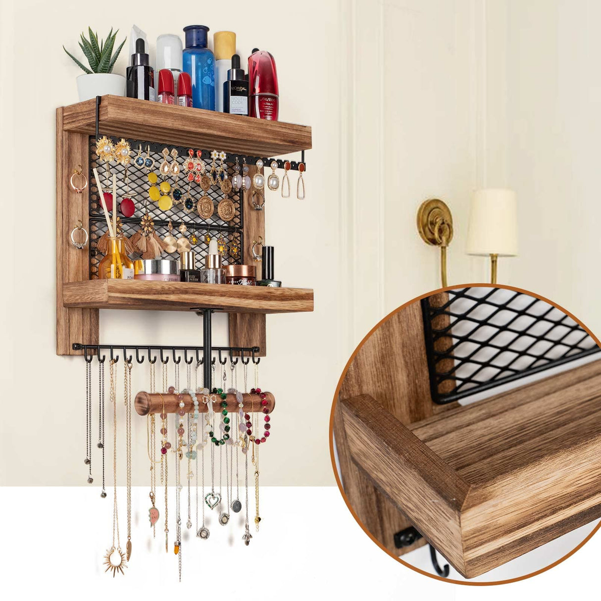 Pinzoveco Hanging Jewelry Organizer Wall Mounted With Wall Jewelry Organizer Holder For Necklaces Bracelet Earrings Ring (Rustic Wood) Pinzoveco