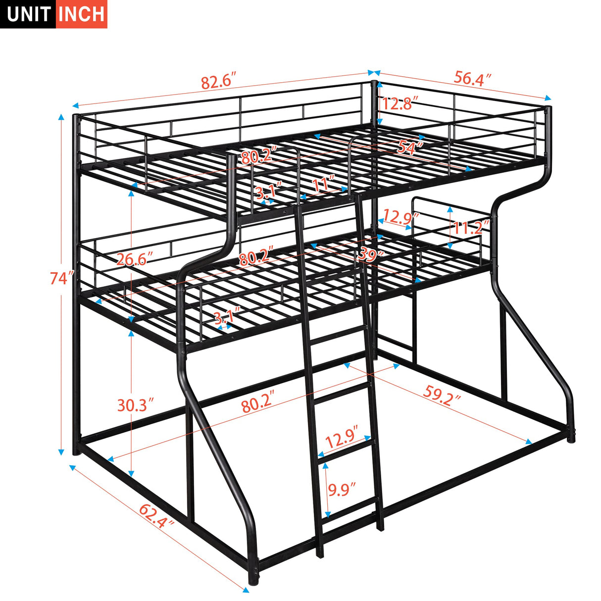 Jintop Full XL Over Twin XL Over Queen Size Triple Bunk Bed ith Long and Short Ladder,Metal Loft Bed Frame,w/Safety Guardrail,for Kids Bedroom,Student Dorms,Guest Rooms,Black Jintop