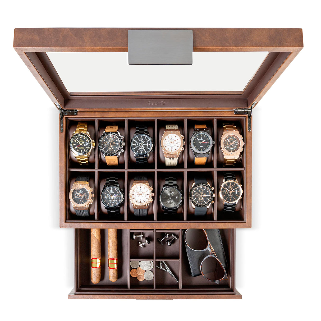 Glenor Co Watch Box with Valet Drawer for Men - 12 Slot Luxury Case Display Watch Organizer, Metal Buckle for Mens Jewelry Watches, Men's Storage Boxes Holder has Large Glass Top - PU Leather Brown Glenor Co