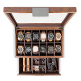 Glenor Co Watch Box with Valet Drawer for Men - 12 Slot Luxury Case Display Watch Organizer, Metal Buckle for Mens Jewelry Watches, Men's Storage Boxes Holder has Large Glass Top - PU Leather Brown Glenor Co