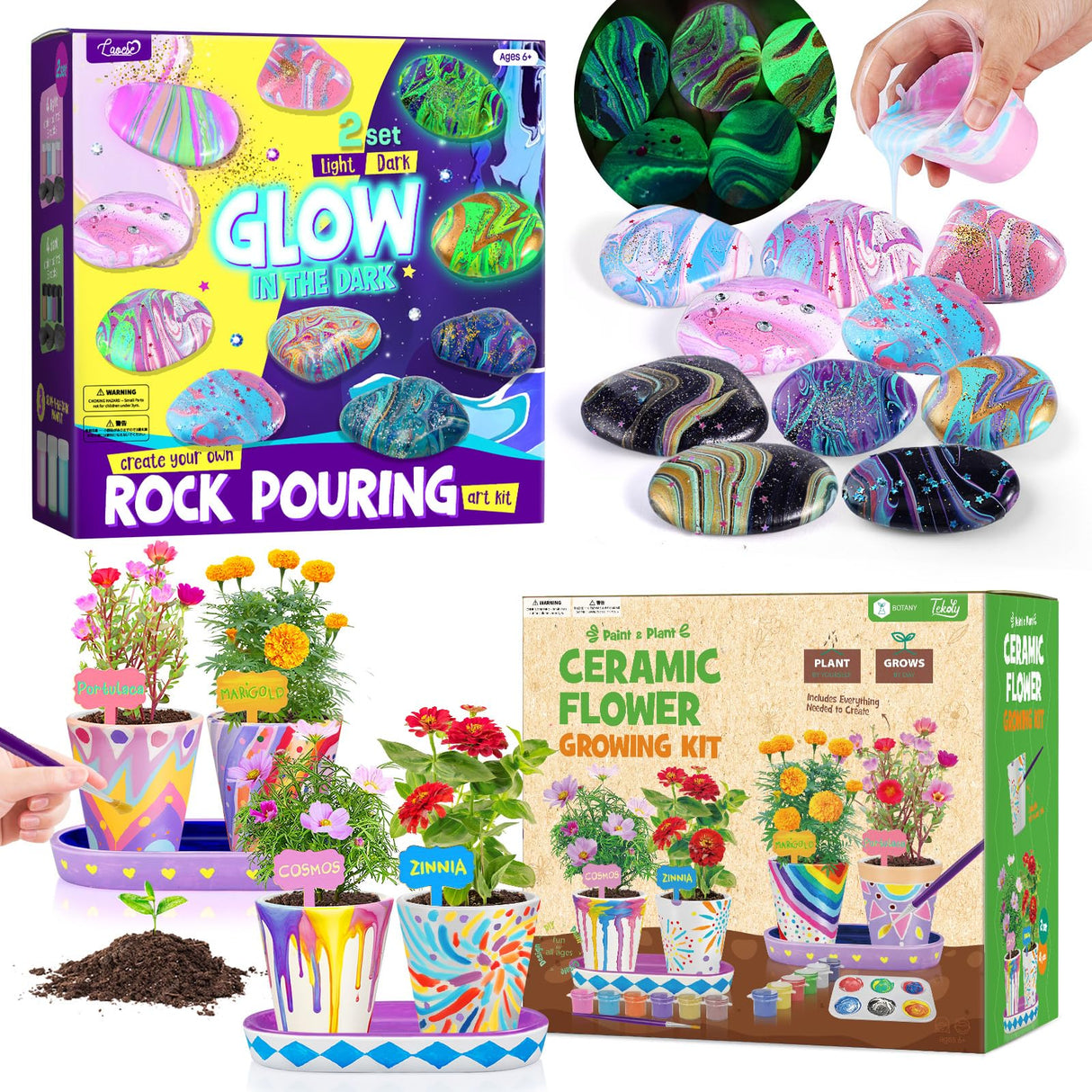 2-in-1 Rock Painting & Gardening Craft Kit for Kids - Glow in The Dark Pouring Art & DIY Planting Set - Fun Arts and Crafts for Boys & Girls Ages 6-12 - Complete Gift for Birthdays, Christmas, and Cre LAOESE