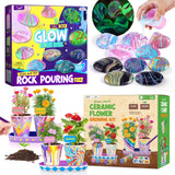 2-in-1 Rock Painting & Gardening Craft Kit for Kids - Glow in The Dark Pouring Art & DIY Planting Set - Fun Arts and Crafts for Boys & Girls Ages 6-12 - Complete Gift for Birthdays, Christmas, and Cre LAOESE