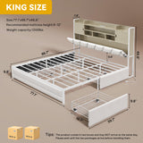 DWVO King Size Bed Frame with RGB LED Lights & Storage Bookcase Headboard, Upholstered Bed with Charging Station and 4 Drawers, No Box Spring Needed, Easy Assembly, Noise-Free, PU Leather White DWVO