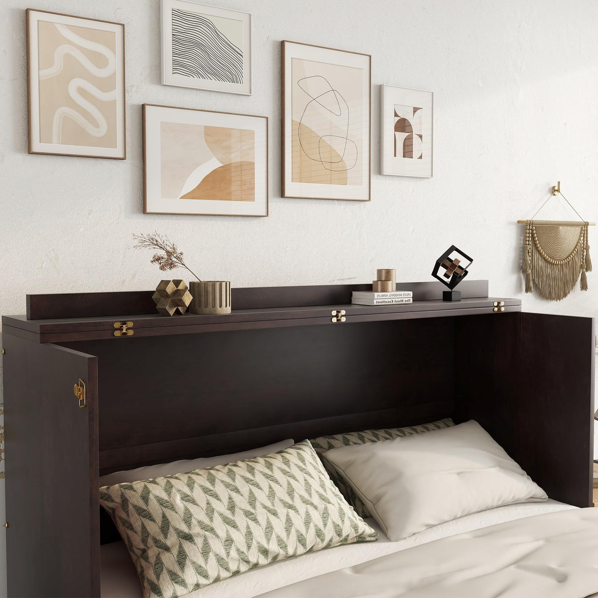 Ball & Cast Murphy Bed Queen Size,Wood Rattan Decoration Hideaway Cabinet Bedframe with Power Station,Wall Platform can be Folded up,Fold-Down Chest W/Drawer,for Apartment,Bedroom,Espresso Ball & Cast