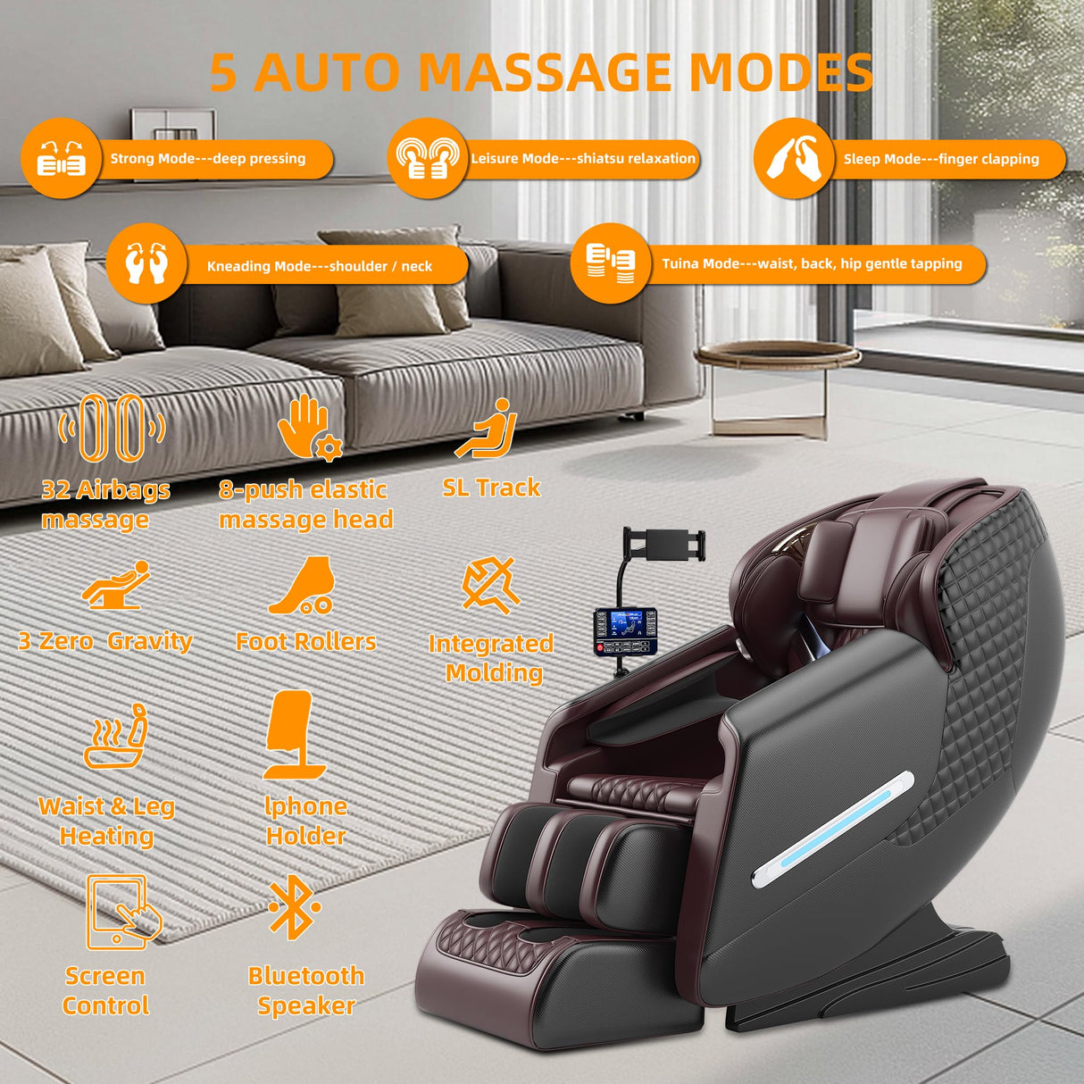 Jewaytec Massage Chair Full Body, 4D Zero Gravity SL-Track Knead Shiatsu Massage Recliner Chair with Airbags, Touchable Screen, Heating, Foot Rollers, Bluetooth, Home or Office (Black & Brown) Jewaytec
