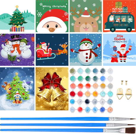 Kosiz 10 Pack Christmas Paint by Numbers for Kids Adults 8x8 Inch Oil Painting Kits Easy Watercolor Canvas Arts for Beginners Home Wall Decor(Santa Claus) Kosiz