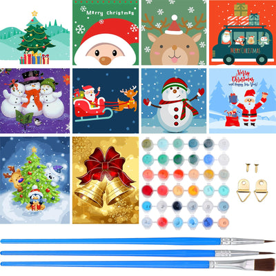 Kosiz 10 Pack Christmas Paint by Numbers for Kids Adults 8x8 Inch Oil Painting Kits Easy Watercolor Canvas Arts for Beginners Home Wall Decor(Santa Claus)