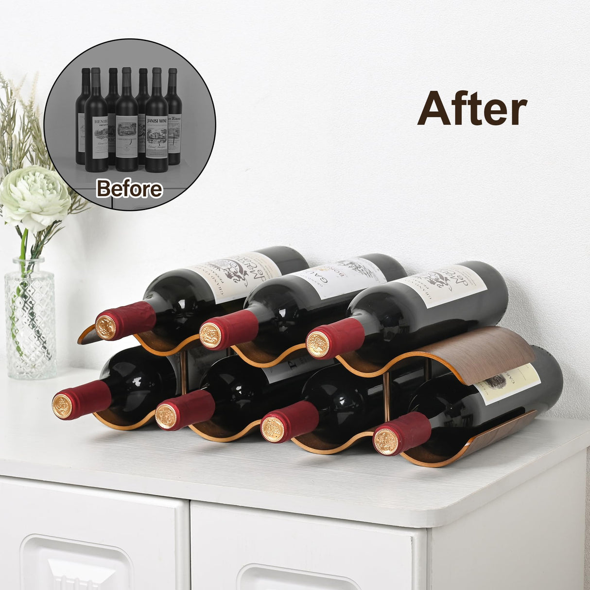 TRUDING Countertop Wine Rack - 7 Bottle Freestanding Wine Bottle Holder Stand - 2 Tier Wooden Wine Storage Rack - Walnut Wavy Wine Organizer for Cabinet Pantry Home Kitchen Bar TRUDING