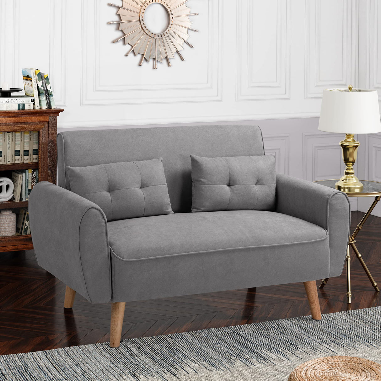 Shintenchi Small Modern Loveseat Couch Sofa, Mid Century Fabric Upholstered 2-Seat Sofa Couch Love Seats Furniture for Small Space,Living Room,Studio,Apartment with 2 Pillows,Light Grey Shintenchi