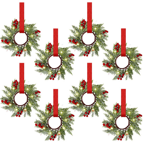 Xinnun 8 Pcs Christmas Kitchen Cabinet Wreaths with LED Lights and Red Ribbons 3.15 Inch Lighted Christmas Door Wreath Artificial Greenery Wreath with Red Berry Small Xmas Wreath for Wall Porch Window Xinnun