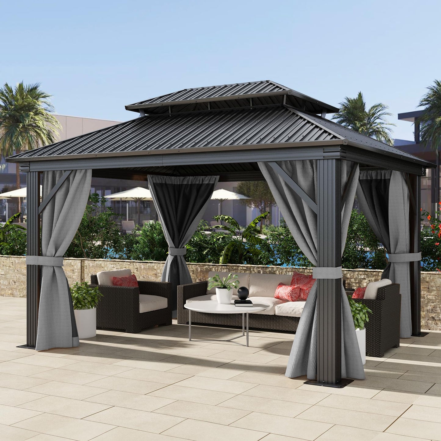 DWVO 12x14ft Hardtop Gazebo Double Roof with Nettings and Curtains, Heavy Duty Galvanized Steel Outdoor Vertical Stripes Roof for Patio, Backyard, Deck, Lawns, Gray - WoodArtSupply