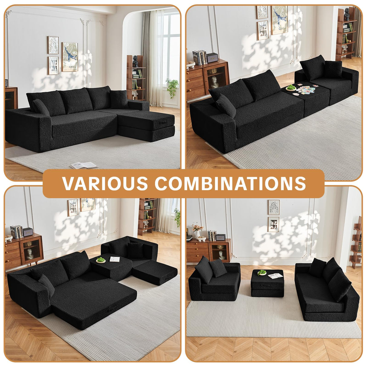 108" Modular Sectional Cloud Sofa - Boneless Couch with Deep Seat, Non Slip Base, Folding Sofa Sectional Couches for Living Room, Cozy Modular Couch with L-Shape Chaise, No Assembly Required, Black CozyMine