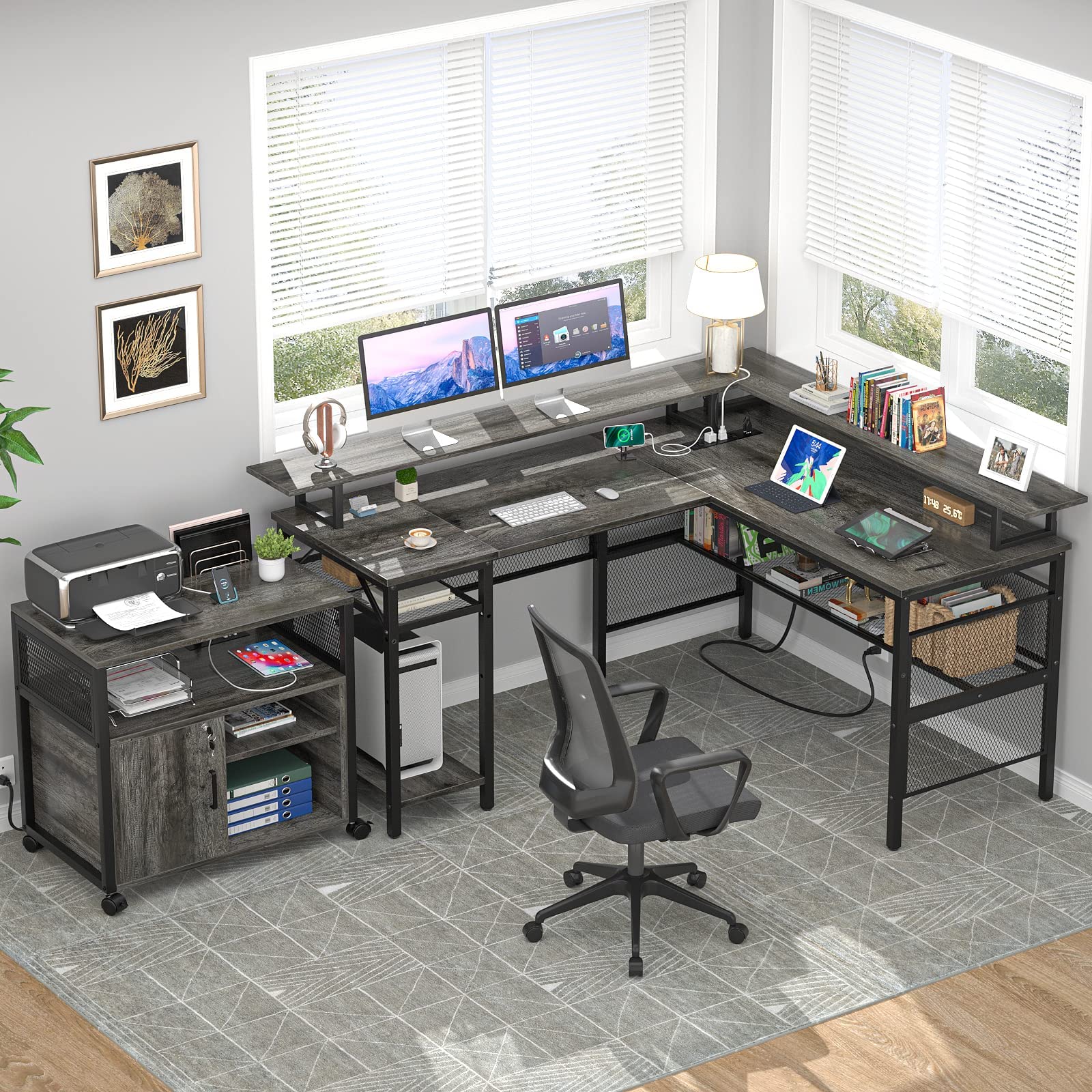 Unikito Reversible L-Shaped Computer Desk with Power Outlets, LED Lights and Storage Solutions in Black Oak - WoodArtSupply