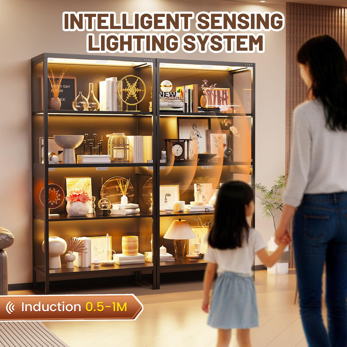 XCXVVB Display Cabinet,Display Case with Glass Doors,4-Tier Curio Cabinet with 5 Color LED Hights,Heavy Duty Free-Standing Bookcase for Exhibition Hall,Living Room XCXVVB