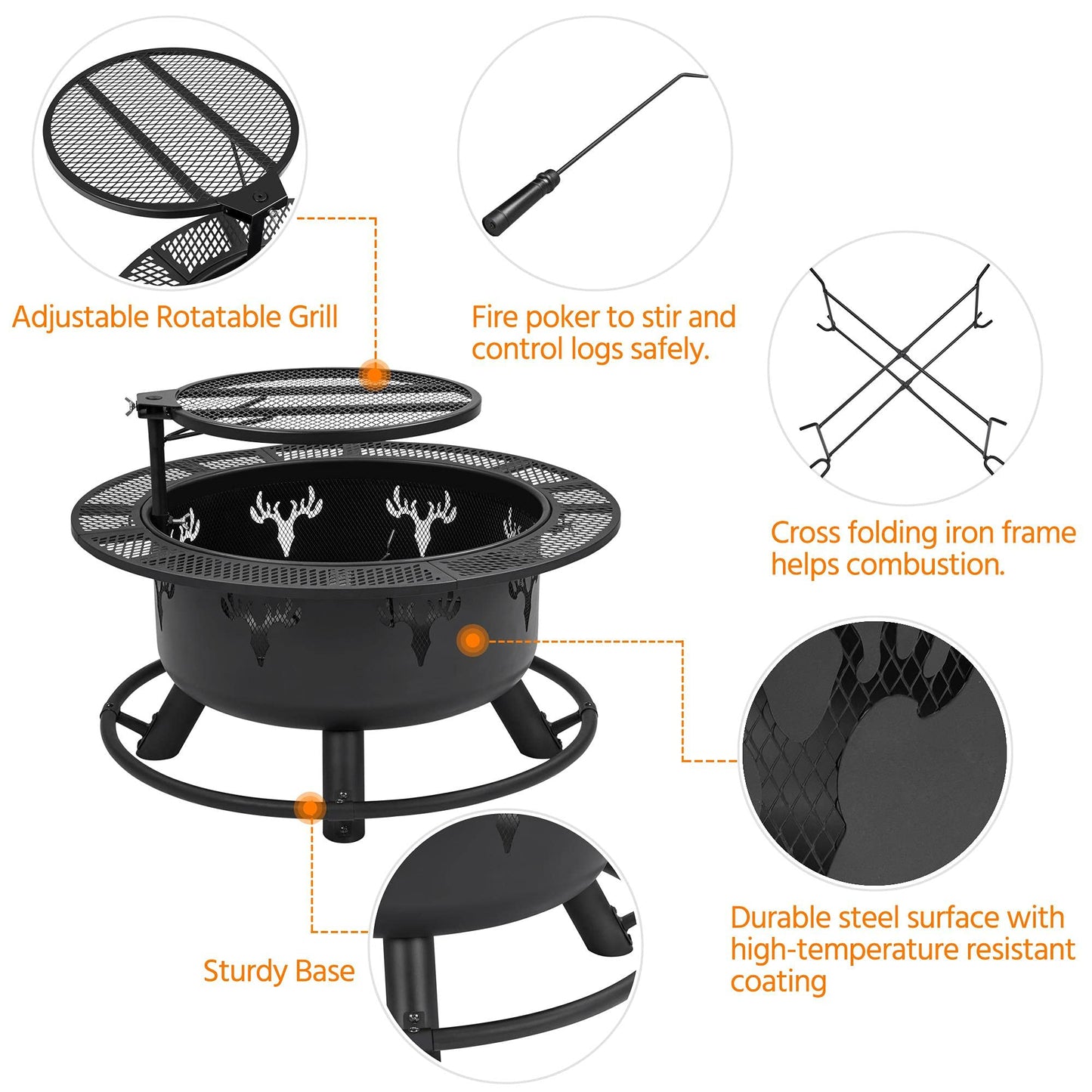 Yaheetech 32in Fire Pit Outdoor Wood Burning Firepits Outdoor Fireplace with 18.5 Inch Swivel Cooking Grill Grate & Poker Fire Bowl for Camping, Backyard, BBQ, Garden, Bonfire - WoodArtSupply