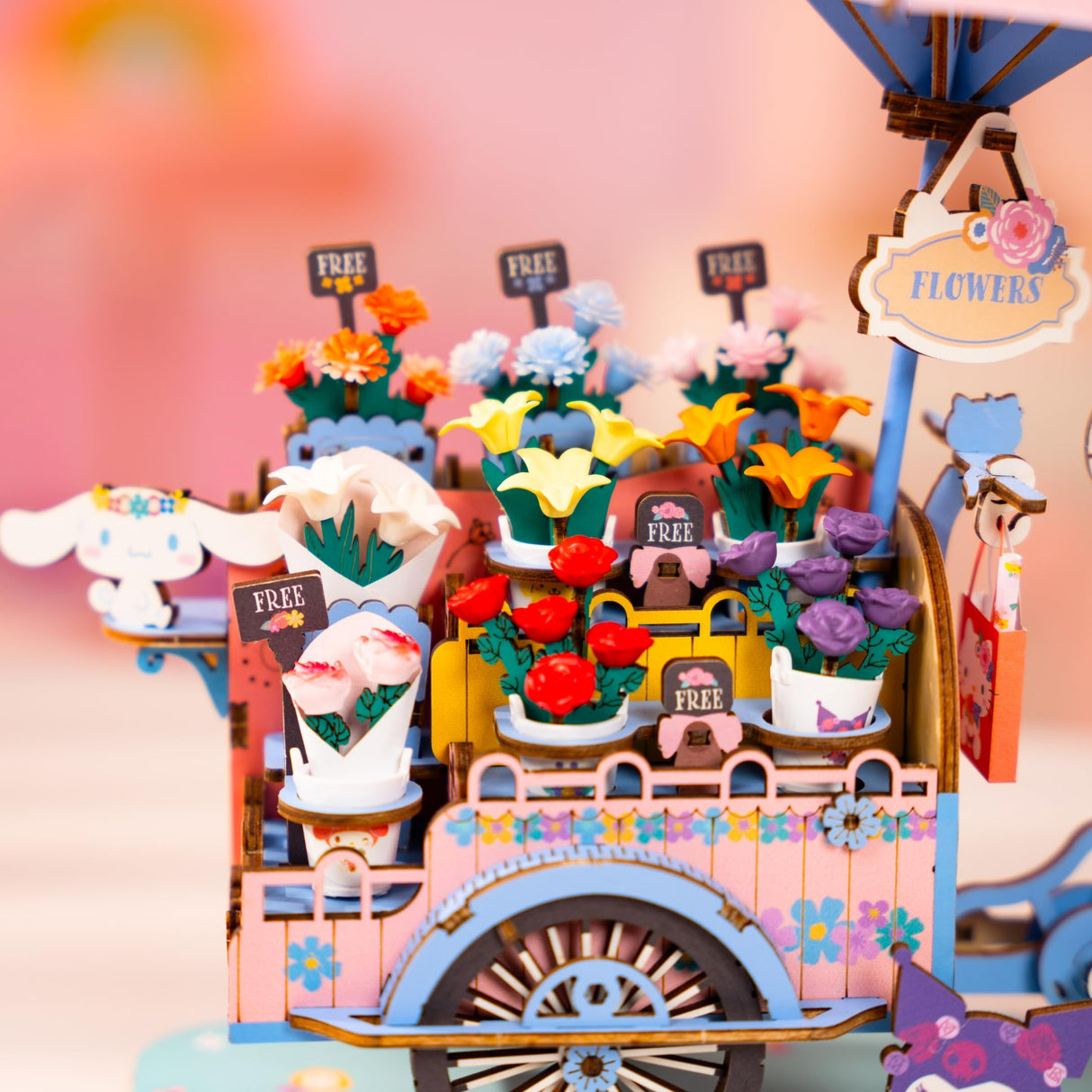 Hands Craft Hello Kitty And Friends Flower Cart 3D Wooden Puzzle Kit | DIY Floral Model | Arts & Crafts for Adults & Kids | Creative Hobby Kits | Hello Kitty Characters | Wood Building Set | Nice Gift Hands Craft