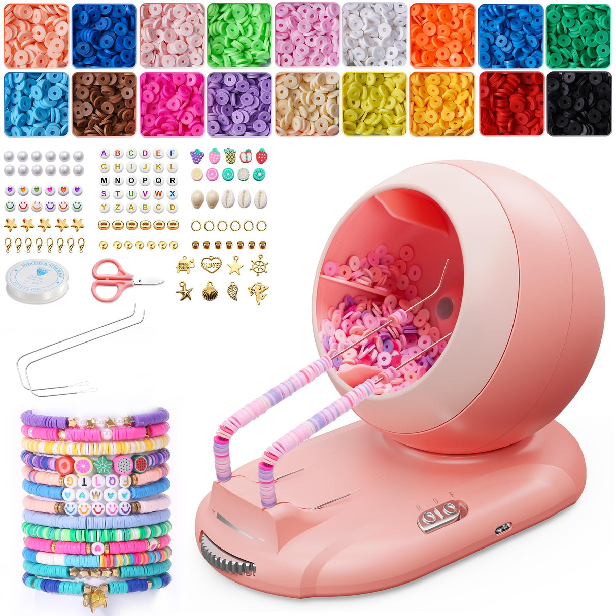 ETUDAW Bead Spinner, Rechargeable Electric Clay Bead Spinner Kit for Bracelet Making, Beginner 4500PCS Clay Beads Kit with Dual Needles and Adjustable Speed, Gift for Holidays, Birthdays (Pink) ETUDAW