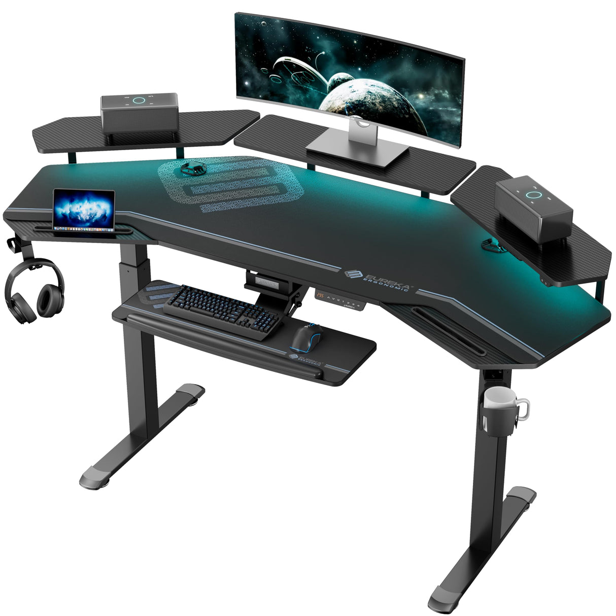 EUREKA ERGONOMIC Gaming Desk, Standing Desk Keyboard Tray, 72" Wing Shaped Music Studio Desk Electric Adjustable Height Desk Sit Stand Desk with LED Shelves, Gaming Recording Live Stream, Slot Design EUREKA ERGONOMIC