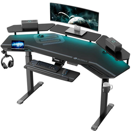 EUREKA ERGONOMIC Gaming Desk, Standing Desk Keyboard Tray, 72" Wing Shaped Music Studio Desk Electric Adjustable Height Desk Sit Stand Desk with LED Shelves, Gaming Recording Live Stream, Slo - WoodArtSupply